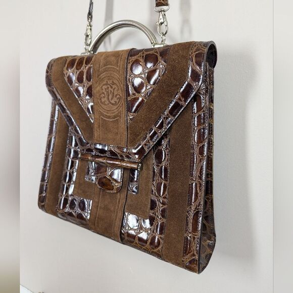 Vintage Italian Leather Purse – Embossed Croc & Suede – Metal Handle – Made in I - Picture 4 of 9
